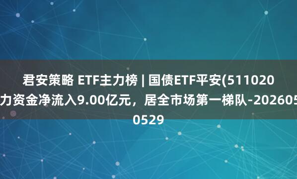 君安策略 ETF主力榜 | 国债ETF平安(511020)主力资金净流入9.00亿元，居全市场第一梯队-20260529